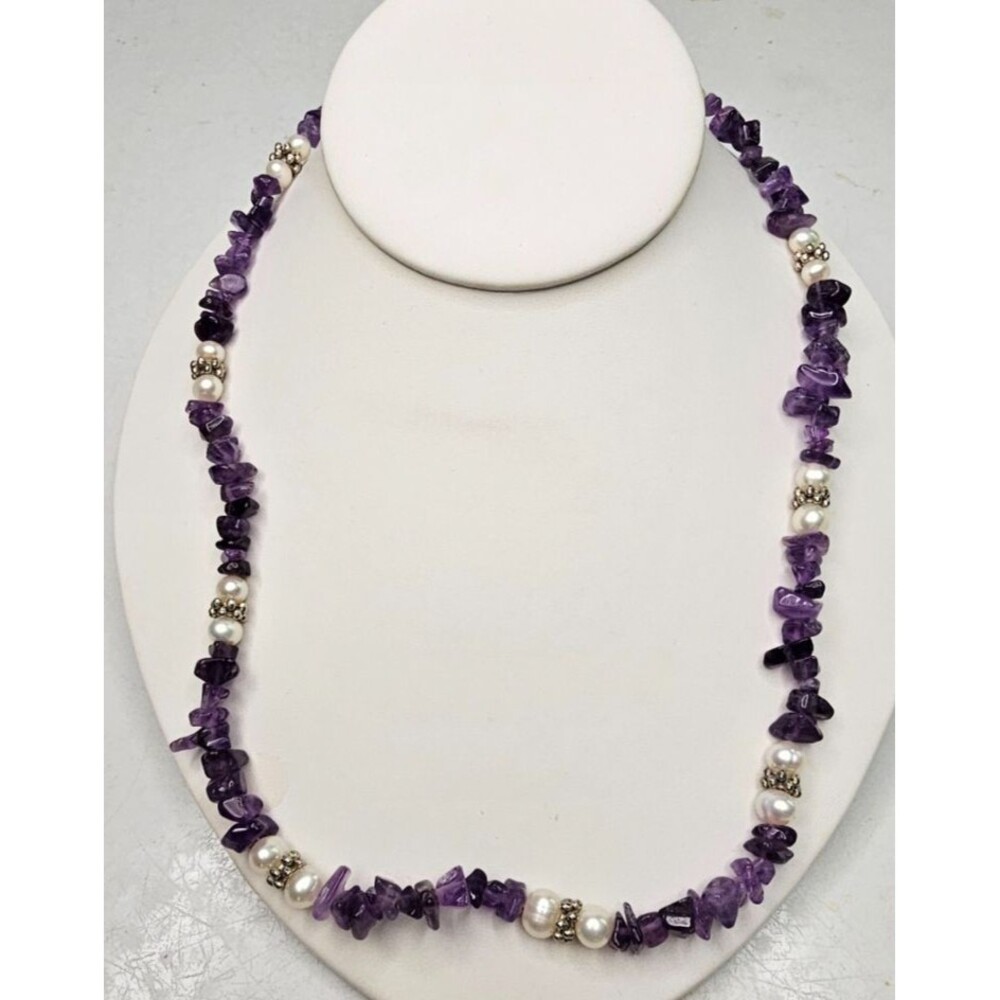 Amethyst Chip, Silver Tone and Natural Pearl Necklace 21"L